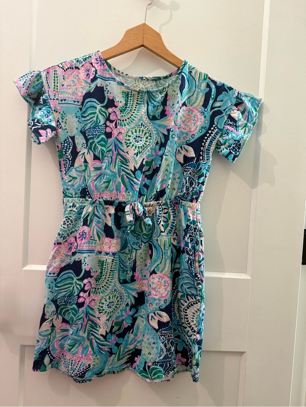 Lilly Pulitzer Girl Stasia cotton Dress Looking Sharp Blue Pink Flare sz L 8/10